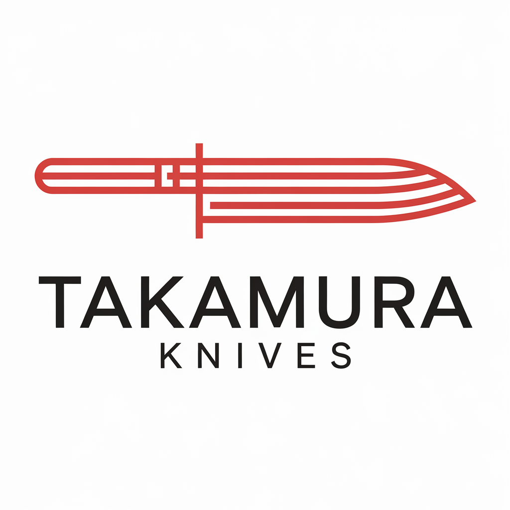 Takamura Knives logo featuring a stylized red knife icon above black text